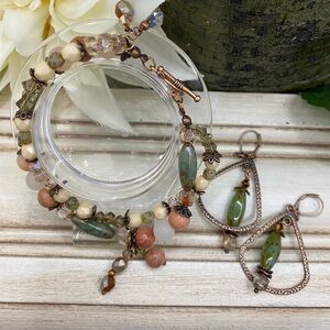 Elegant Double Strand Peach Agate Gemstone Beaded Bracelet and Earring Set